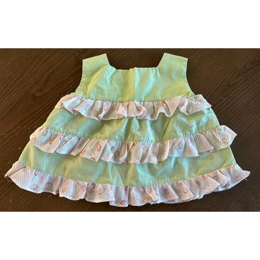 Vintage Sikaffy Pink & Green Ruffled Dress Baby Girl Size 9‎ Months